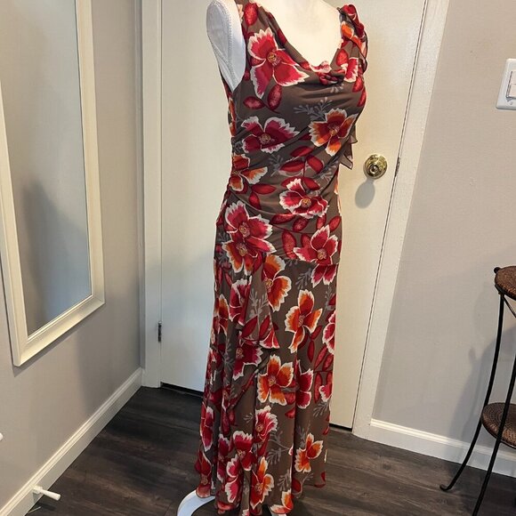Bandolino Brown Floral Cowl Neck Ruffle Maxi Dress, Size 6 - Picture 5 of 15